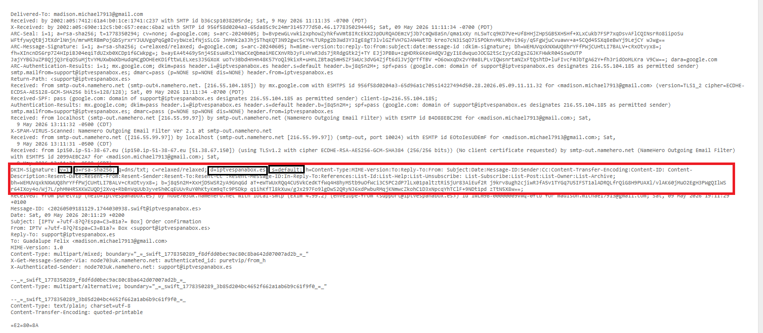 DKIM Signature header in a real email showing key parameters like v, a, d, s, bh and b