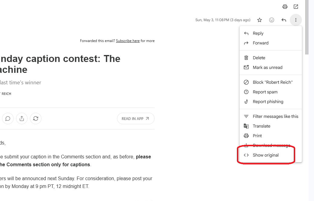 Show original source of email